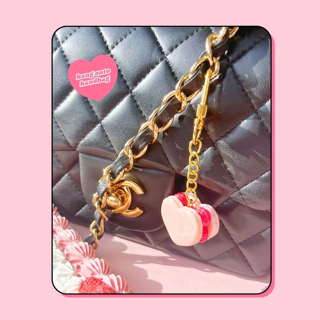 heart shaped pink raspberry macaron keyring handbag charm