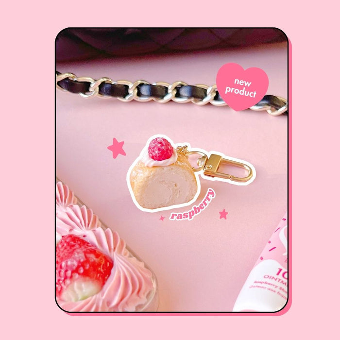 raspberry pink whipped cream Swiss roll cake handbag charm keyring