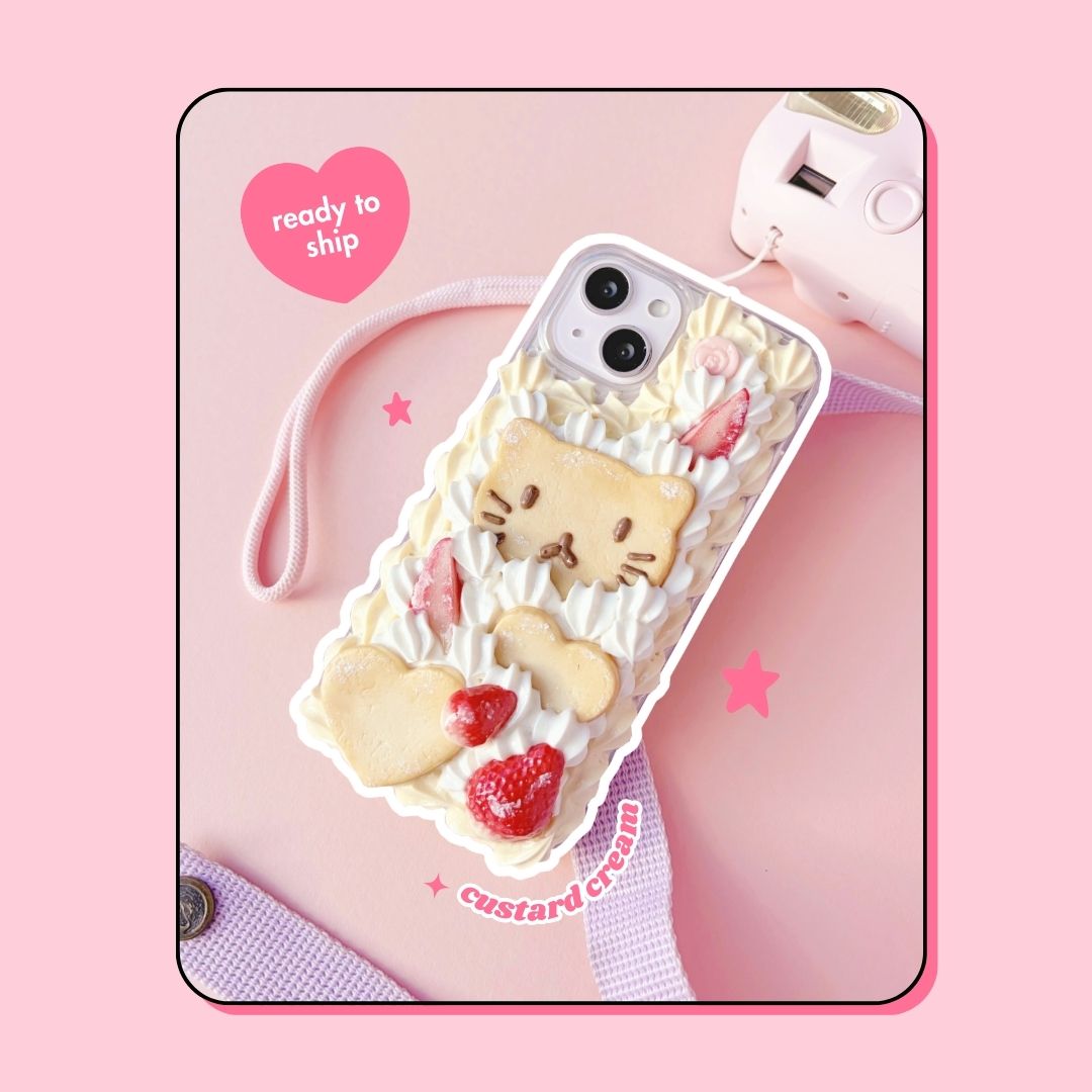(ready to ship) cat chocolate face butter cookie decoden phone case with custard cream border