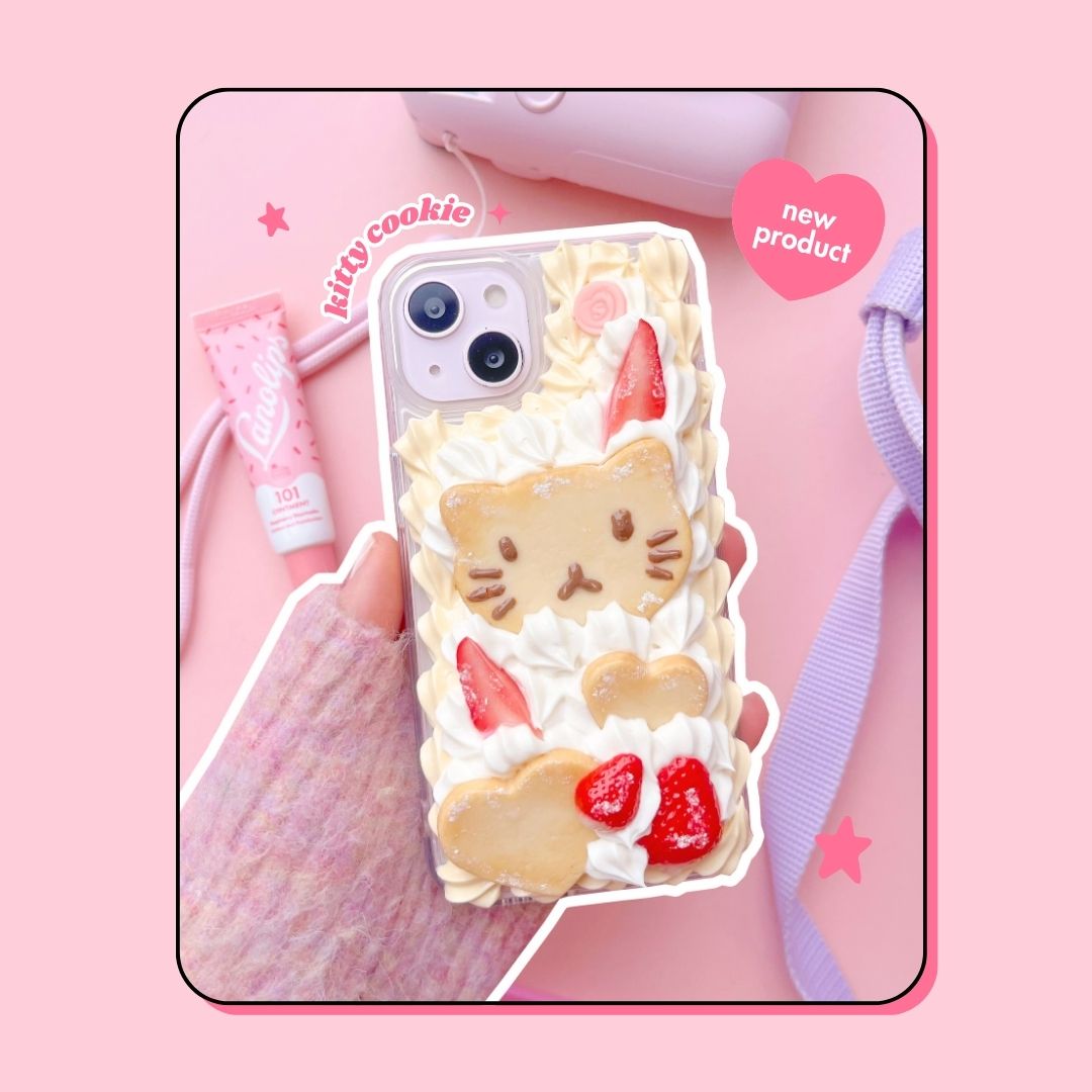 cat chocolate face butter cookie decoden phone case with custard cream border