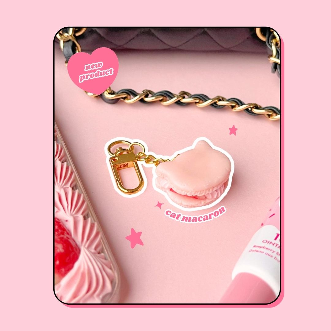 cat shaped pink strawberry macaron with whipped cream keyring handbag charm