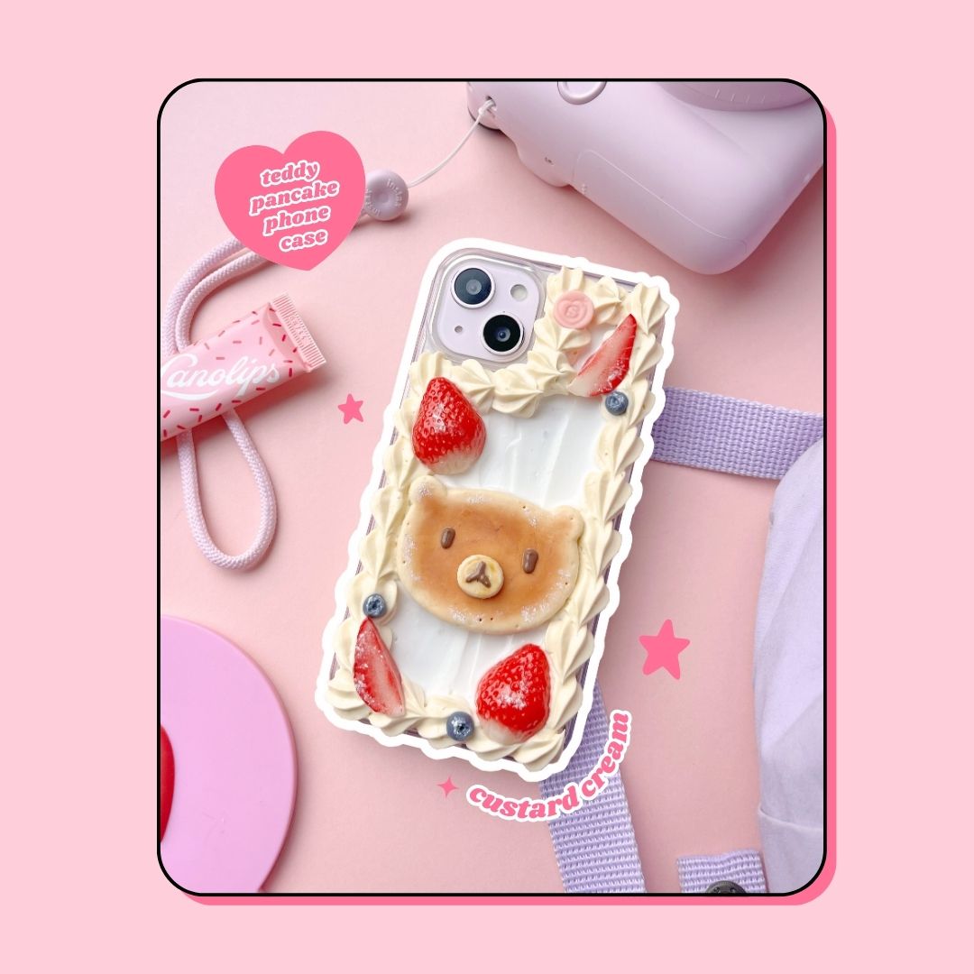 teddy bear pancake decoden custard cream phone case with heart shaped strawberries