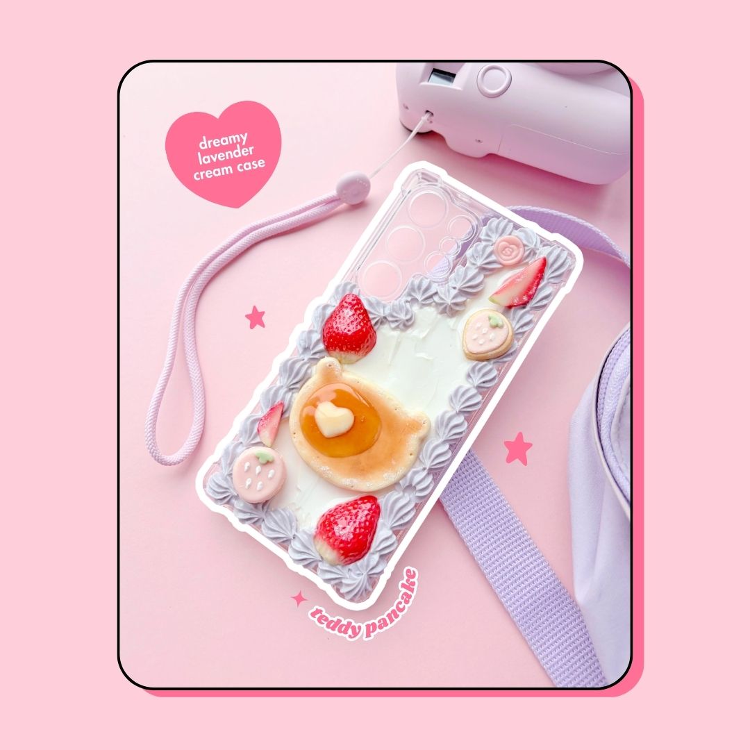 dreamy lavender cream teddy bear pancake + strawberry cookie + macaron decoden phone case