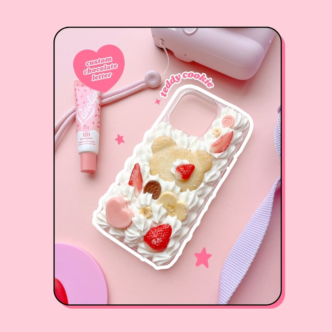 teddy bear cookie decoden phone case with heart shaped macaron and custom letter chocolate