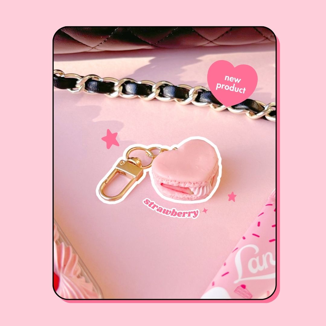 heart shaped pink strawberry macaron with whipped cream keyring handbag charm