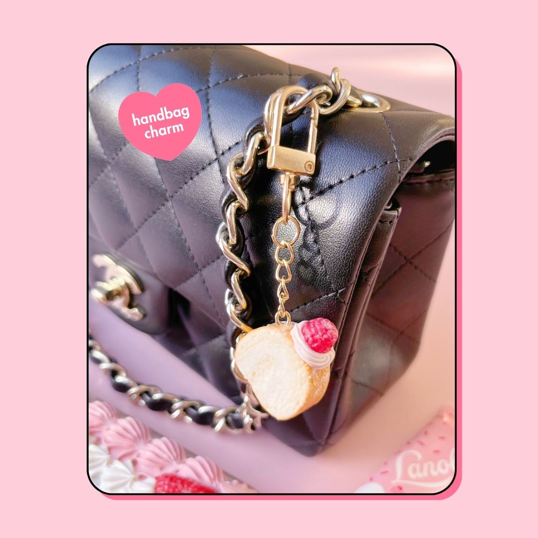 raspberry pink whipped cream Swiss roll cake handbag charm keyring