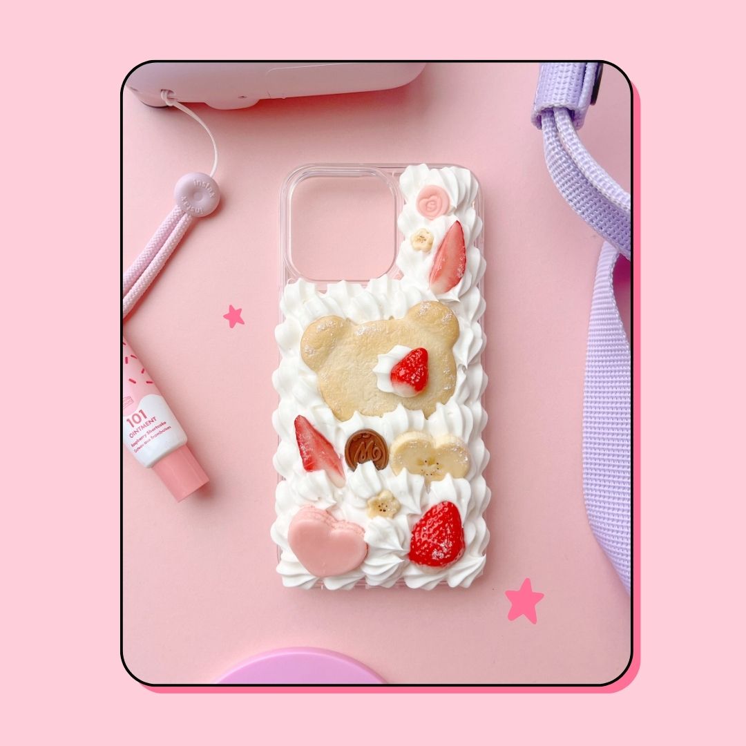 teddy bear cookie decoden phone case with heart shaped macaron and custom letter chocolate