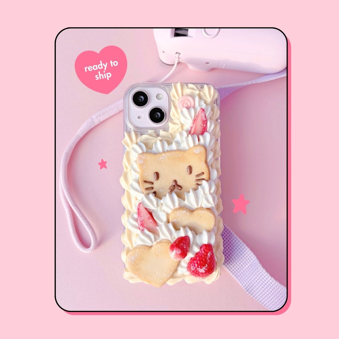 (ready to ship) cat chocolate face butter cookie decoden phone case with custard cream border
