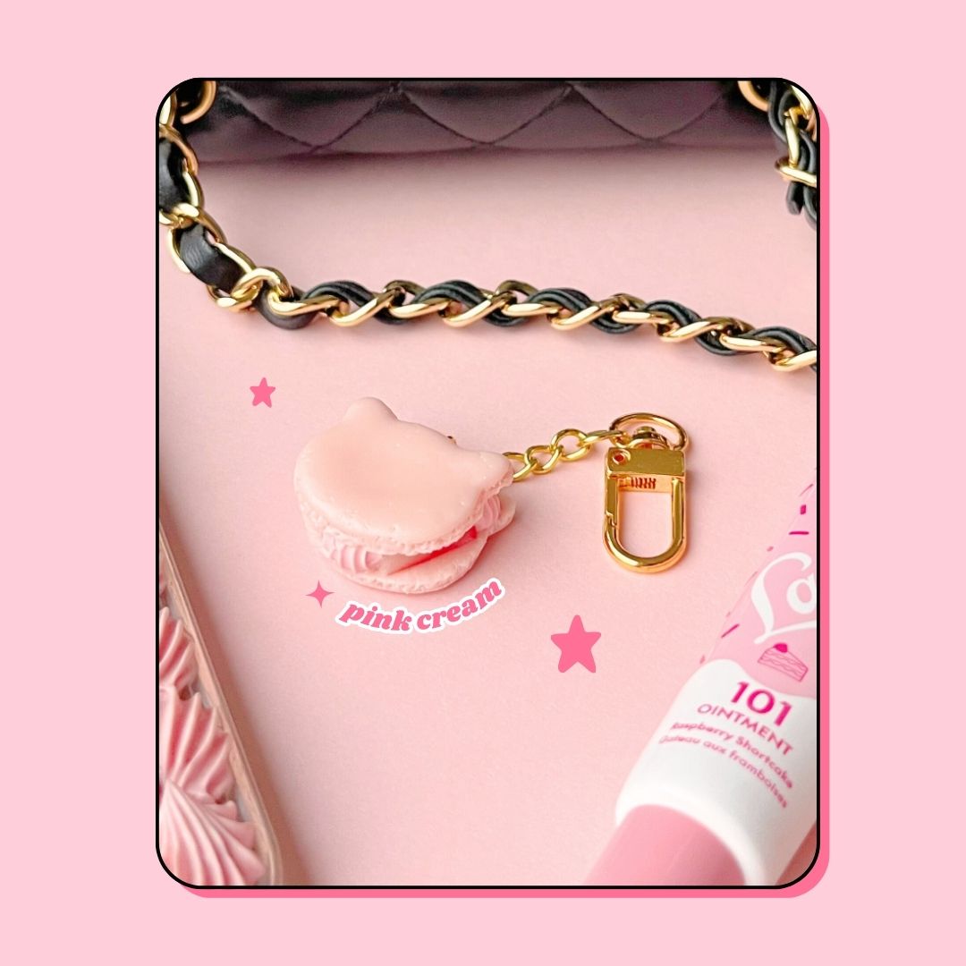 cat shaped pink strawberry macaron with whipped cream keyring handbag charm