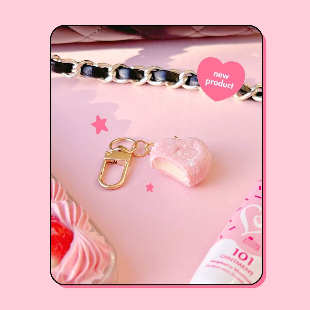 heart shaped raspberry pink ice cream mochi keyring handbag charm