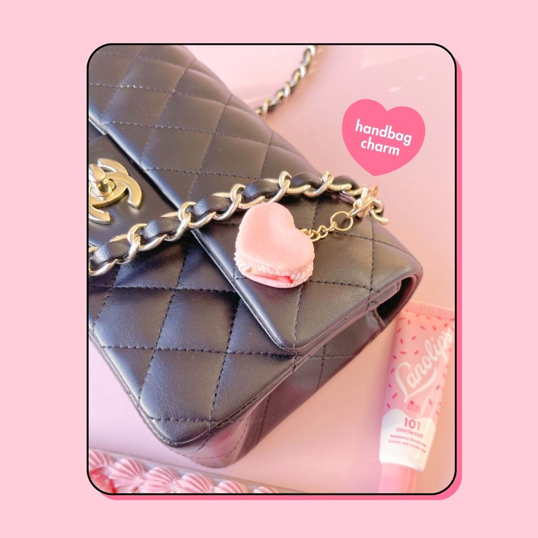 heart shaped pink strawberry macaron with whipped cream keyring handbag charm
