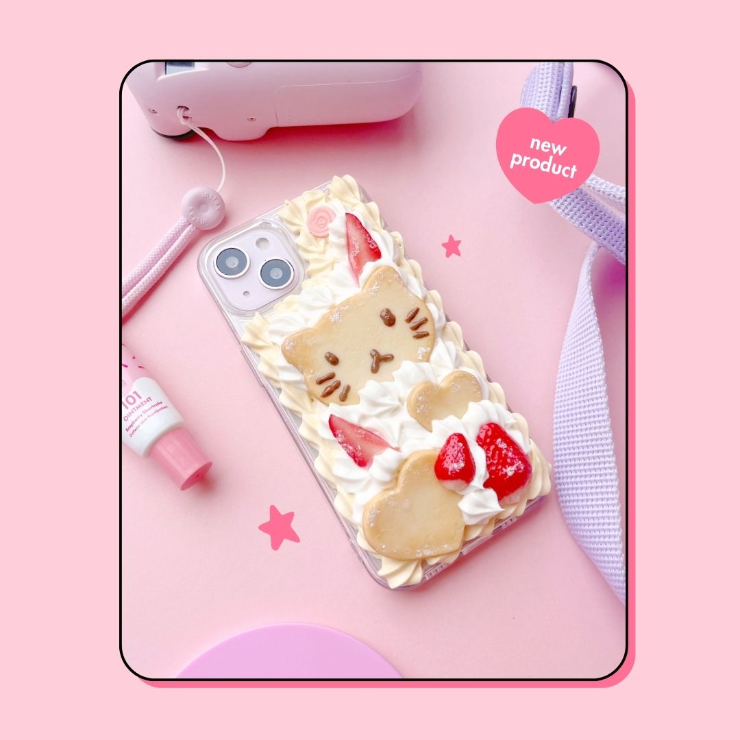 cat chocolate face butter cookie decoden phone case with custard cream border