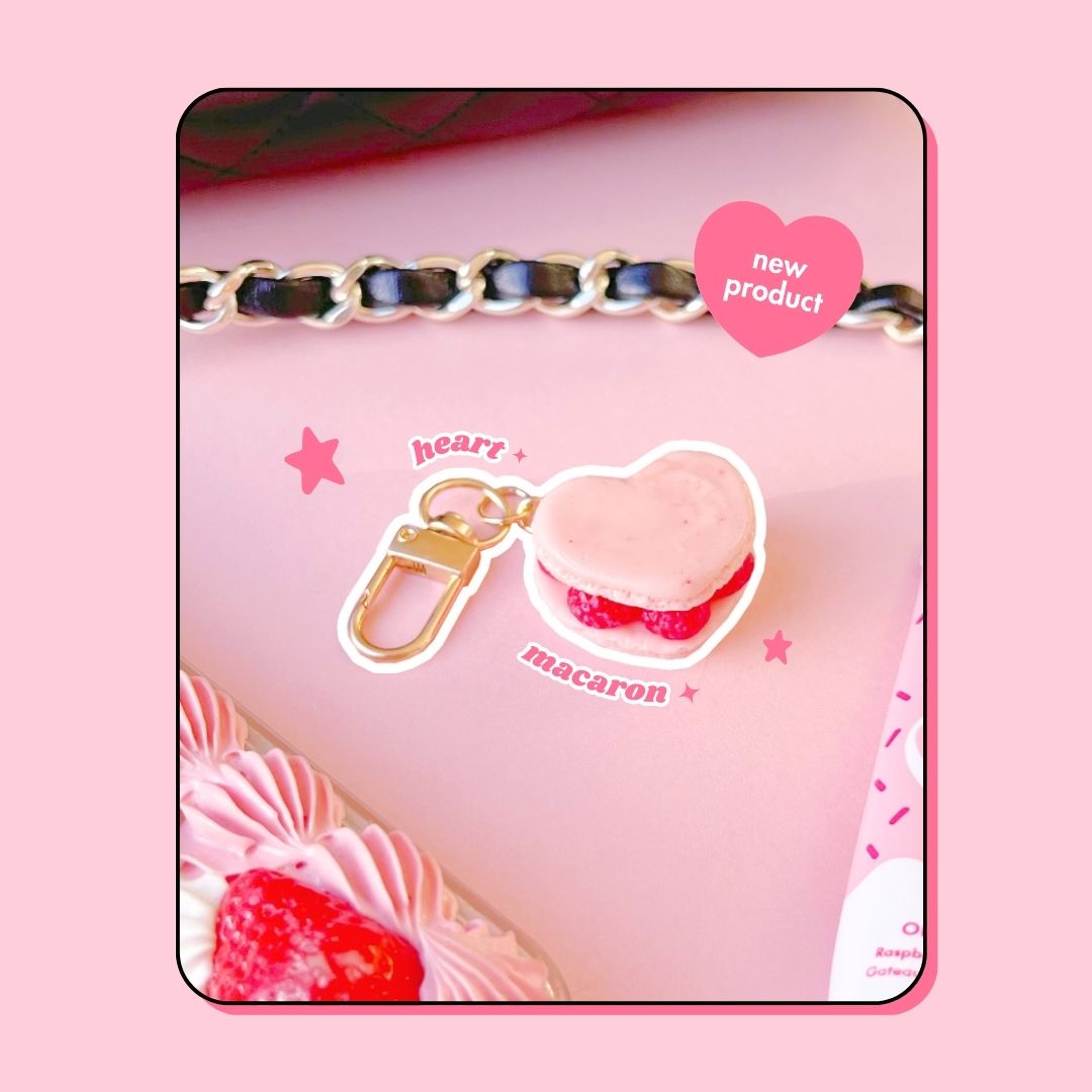 heart shaped pink raspberry macaron keyring handbag charm