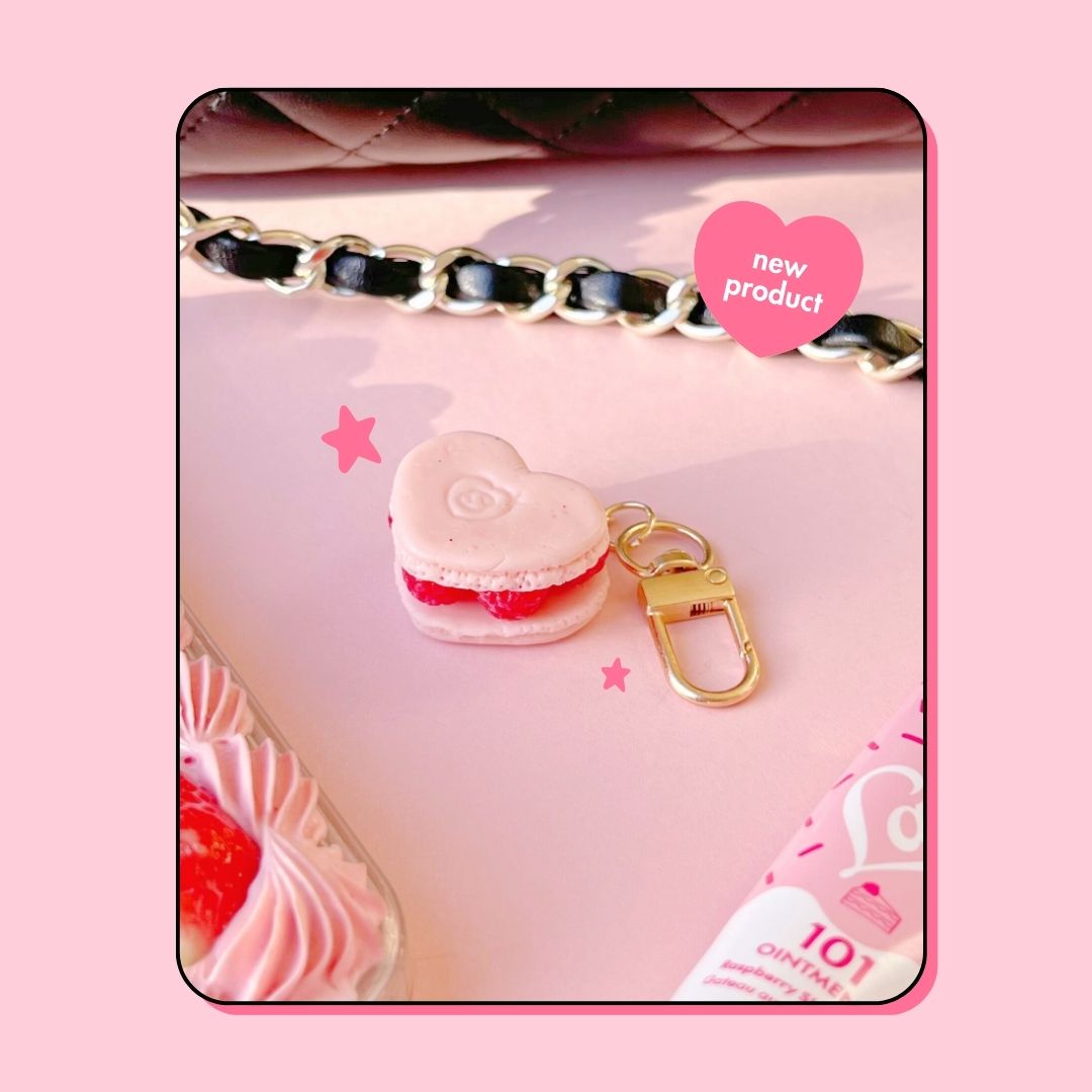 heart shaped pink raspberry macaron keyring handbag charm