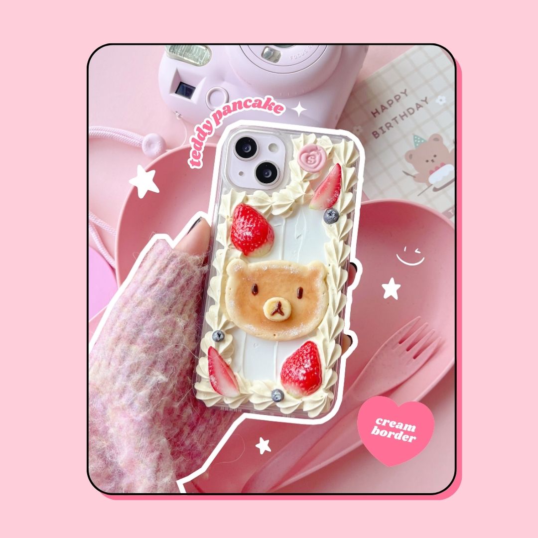 teddy bear pancake decoden custard cream phone case with heart shaped strawberries
