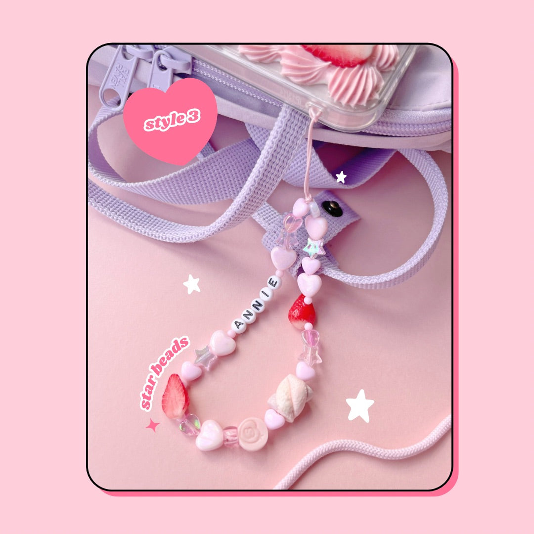 heart + stars candy Y2K friendship beaded phone strap with strawberries & marshmallows