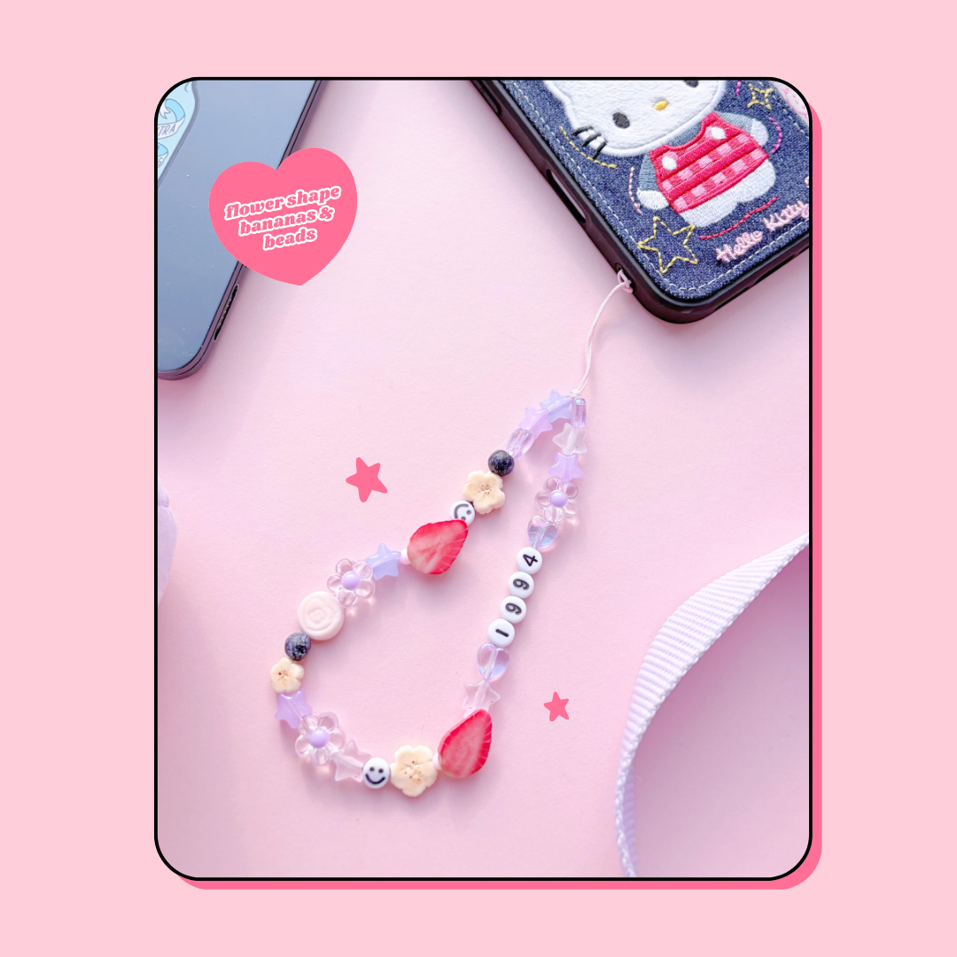blueberry lavender Y2K custom date year friendship beaded phone strap with strawberries & blueberries