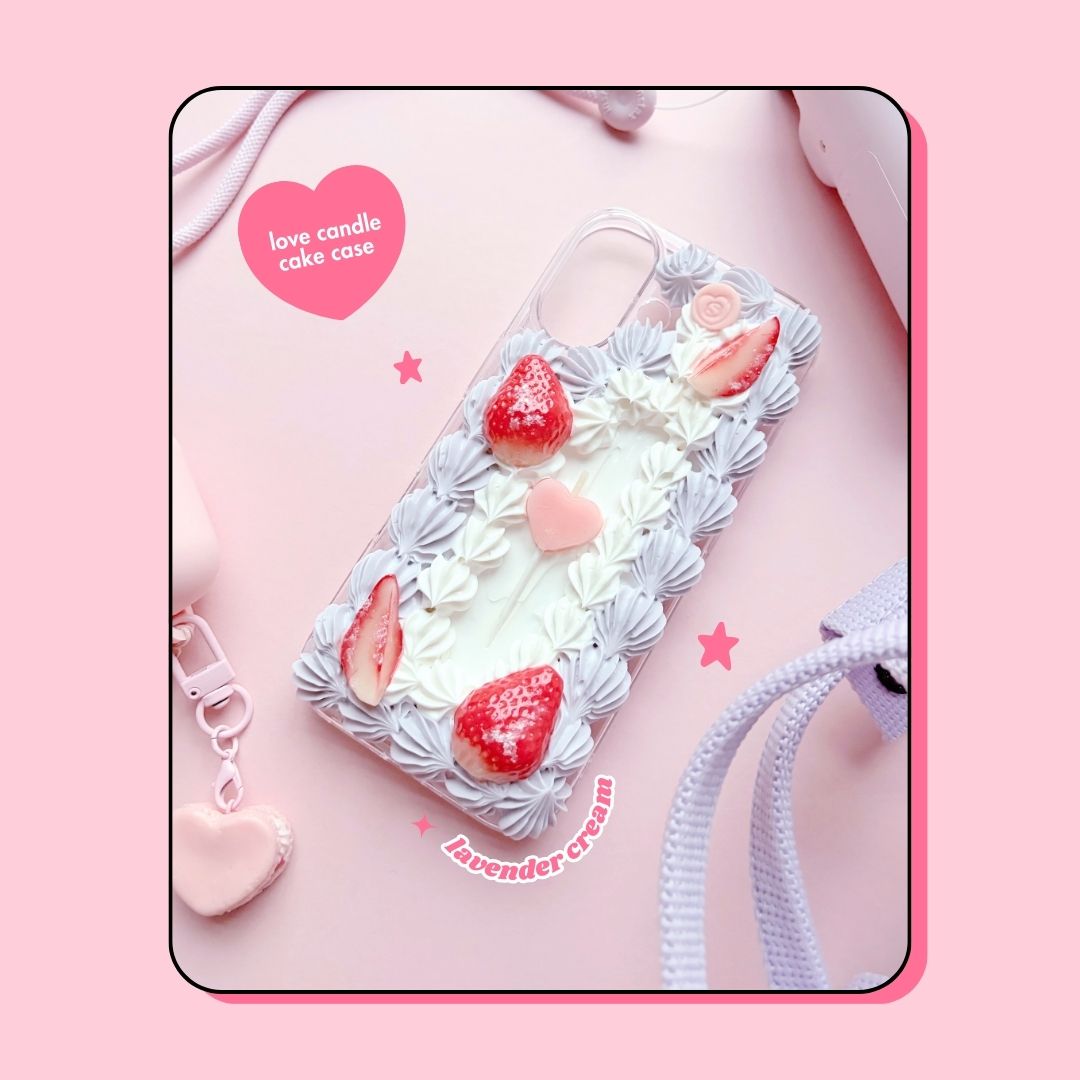love heart candle lavender cream cake decoden phone case