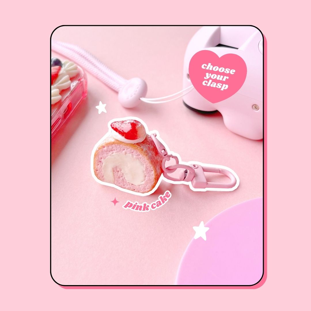 strawberry pink whipped cream Swiss roll cake keyring with lobster clasp
