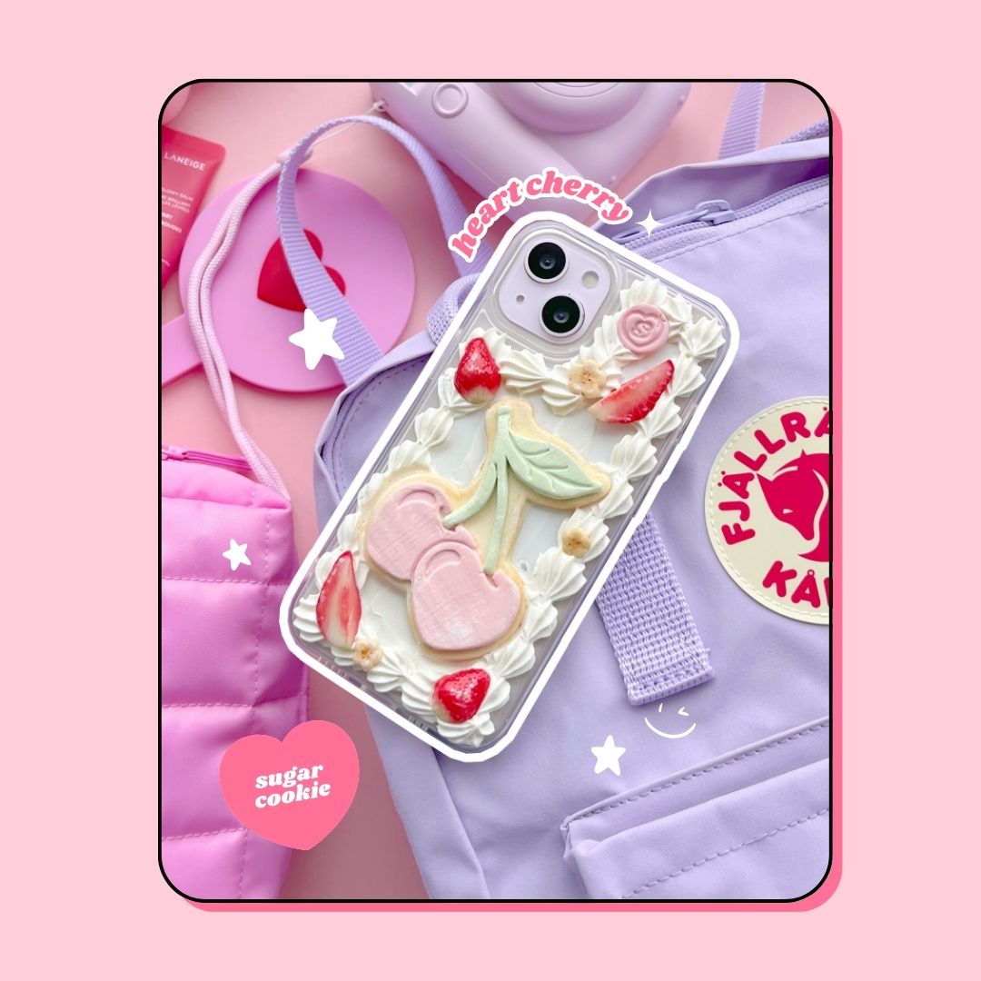 heart cherry shaped sugar cookie decoden phone case with strawberries