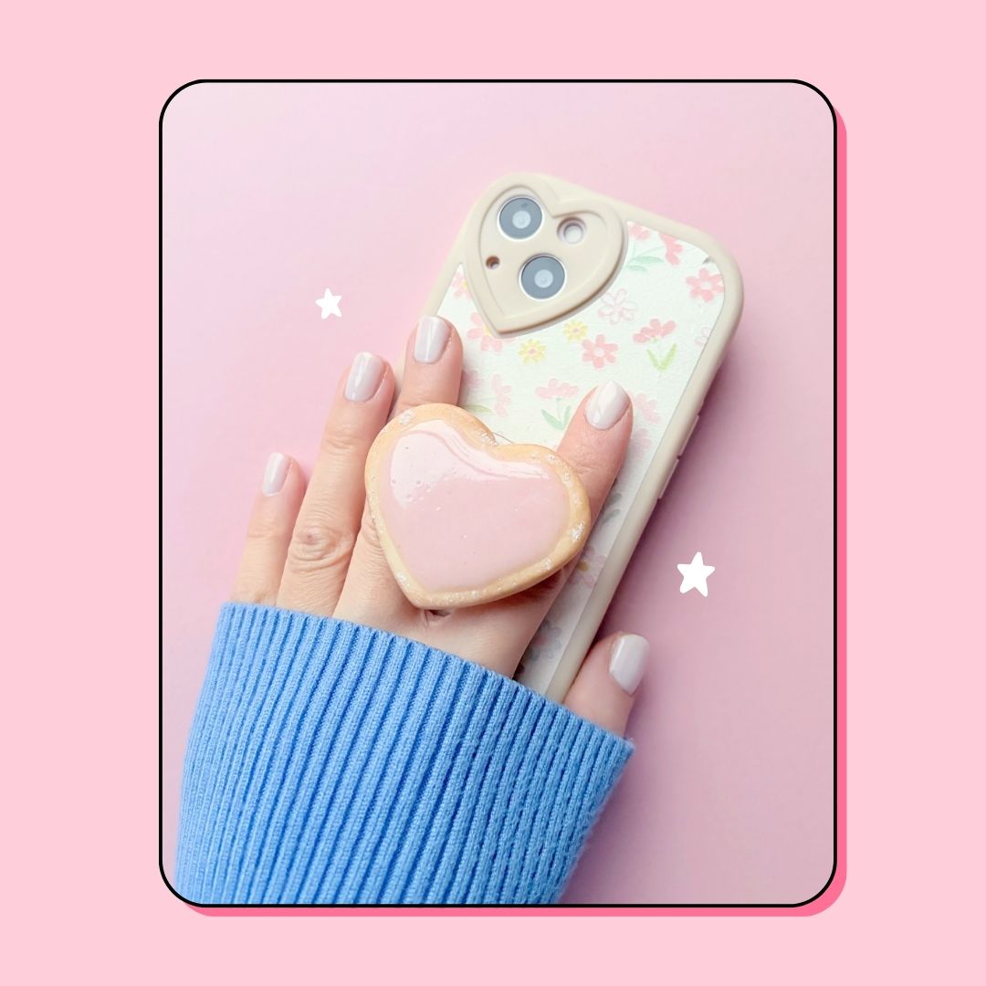 strawberry pink heart shape sugar cookie biscuit pull out phone griptok (faulty)