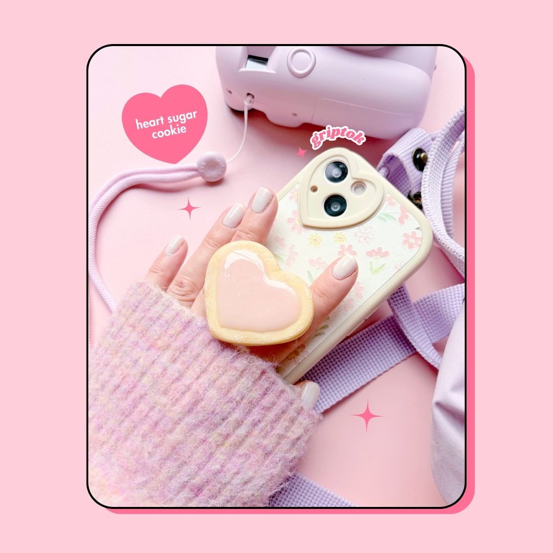 strawberry pink heart shaped sugar cookie biscuit pull out phone griptok