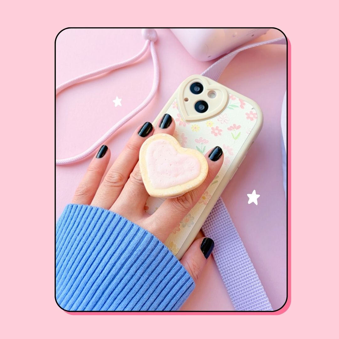 strawberry pink heart shape sugar cookie biscuit pull out phone griptok