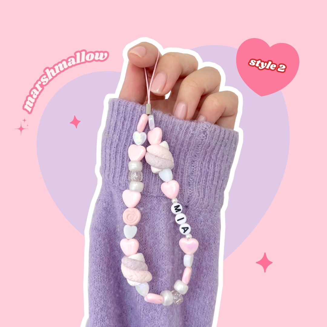 heart + stars candy Y2K friendship beaded phone strap with strawberries & marshmallows