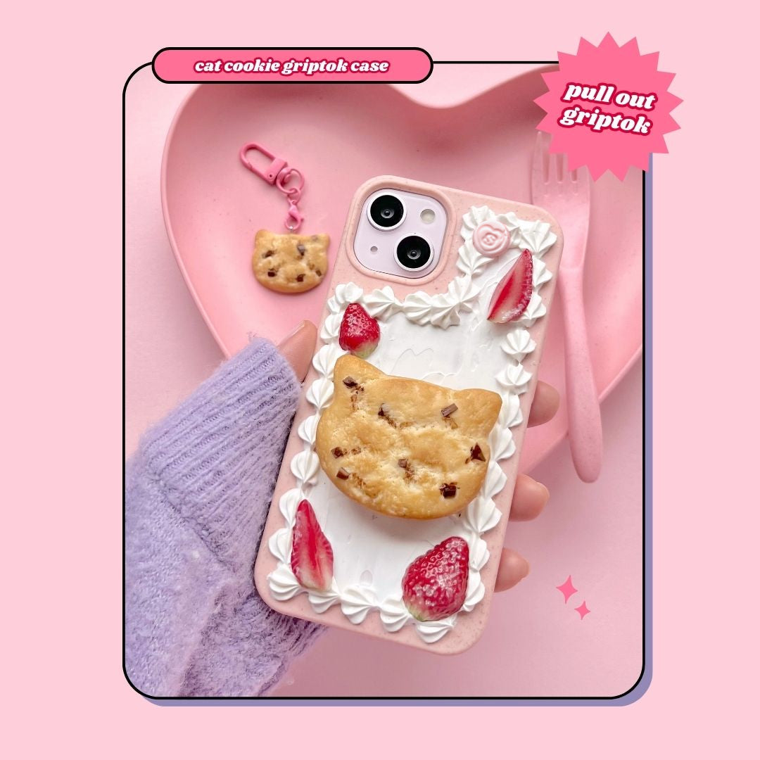 cat shaped chocolate chip cookie charm keyring with lobster clasp