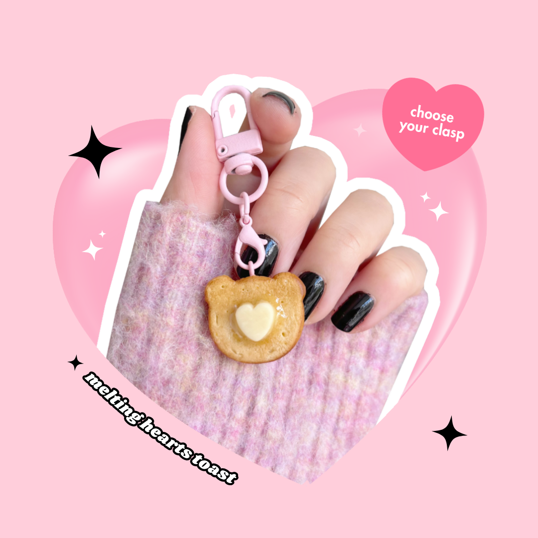 melting hearts teddy bear butter toast charm keyring with lobster clasp