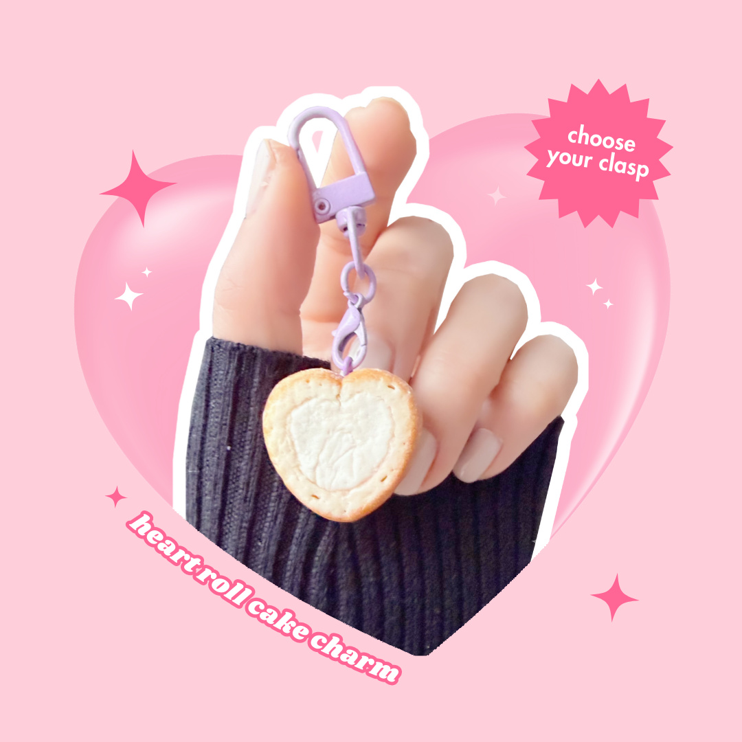 🍥 heart shape whipped cream swiss roll cake keyring with lobster clasp