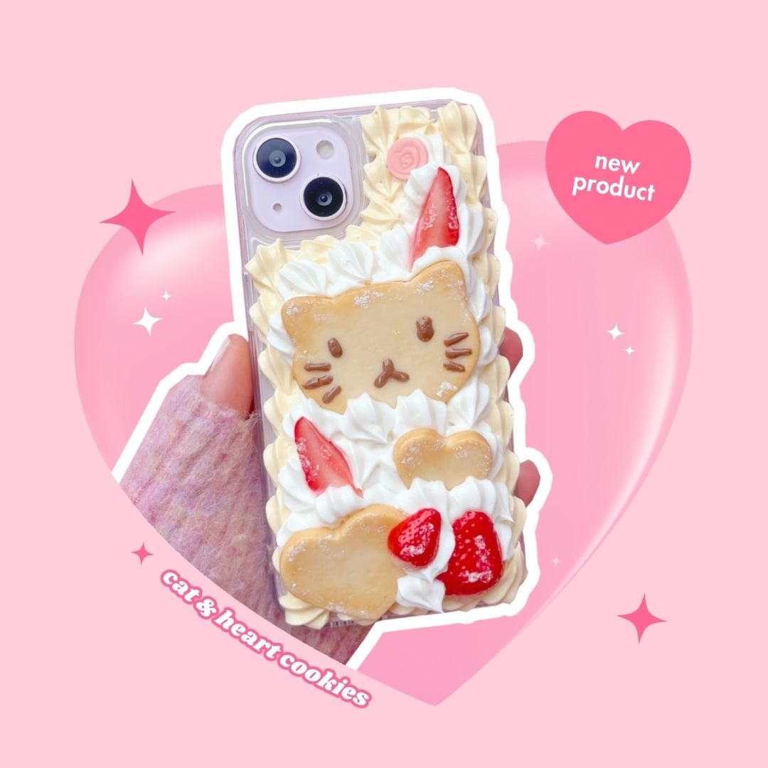 cat chocolate face butter cookie decoden phone case with custard cream border