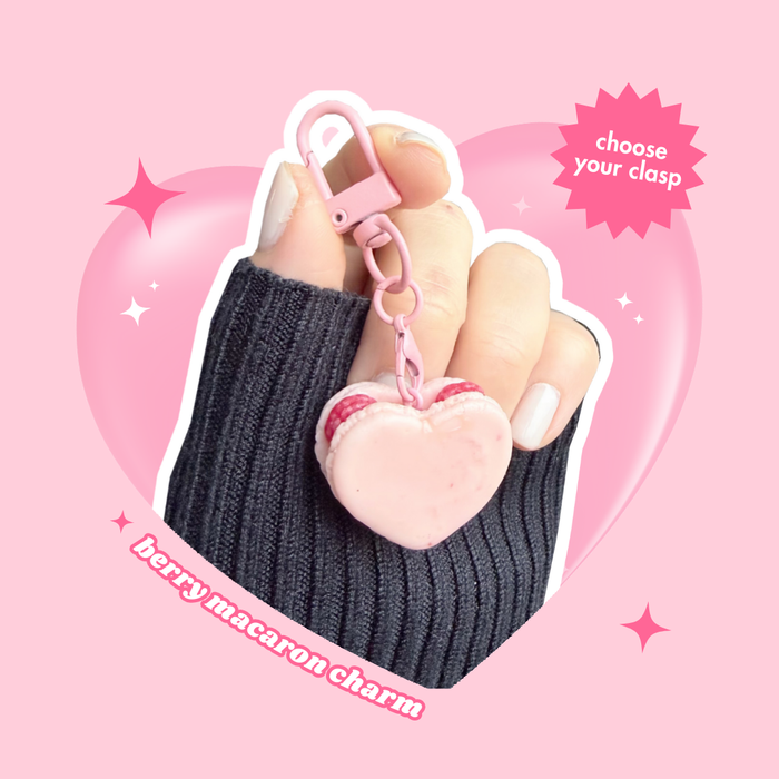 heart shaped pink raspberry macaron keyring charm