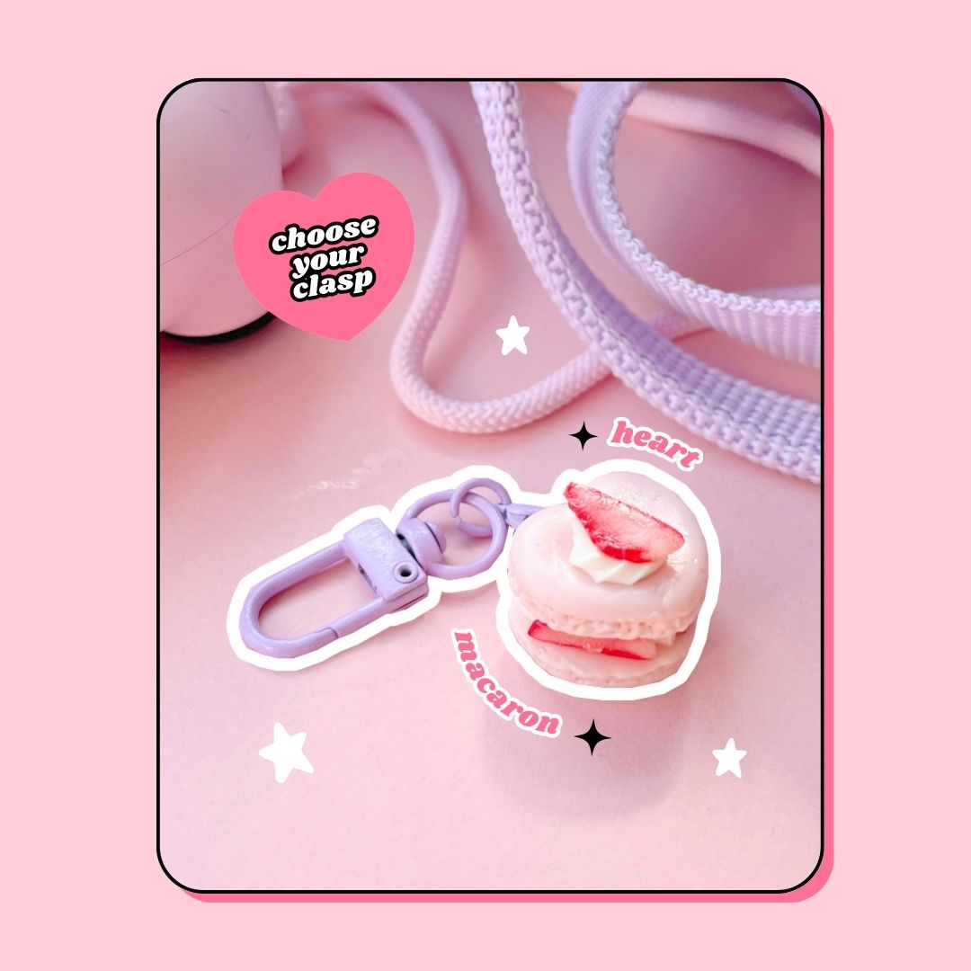 heart shaped pink strawberry and whipped cream macaron keyring with lobster clasp