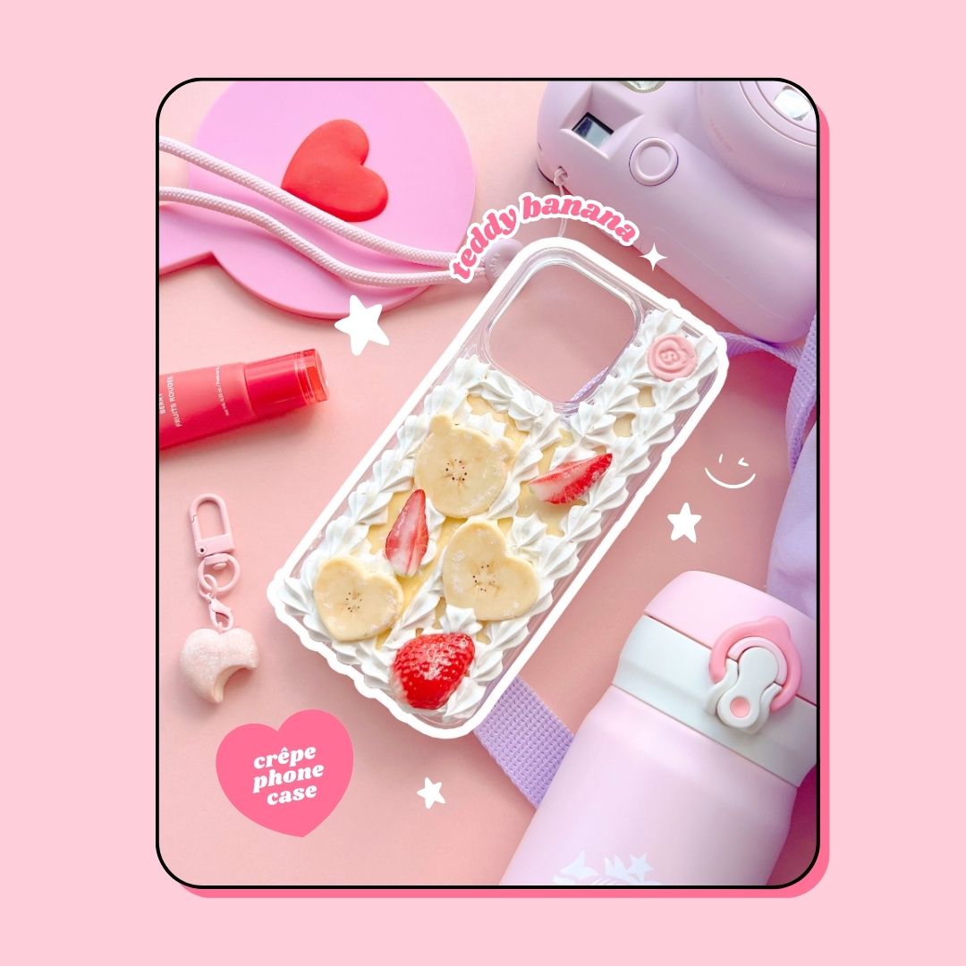 teddy banana crêpe pancake phone case with heart shaped bananas & strawberries