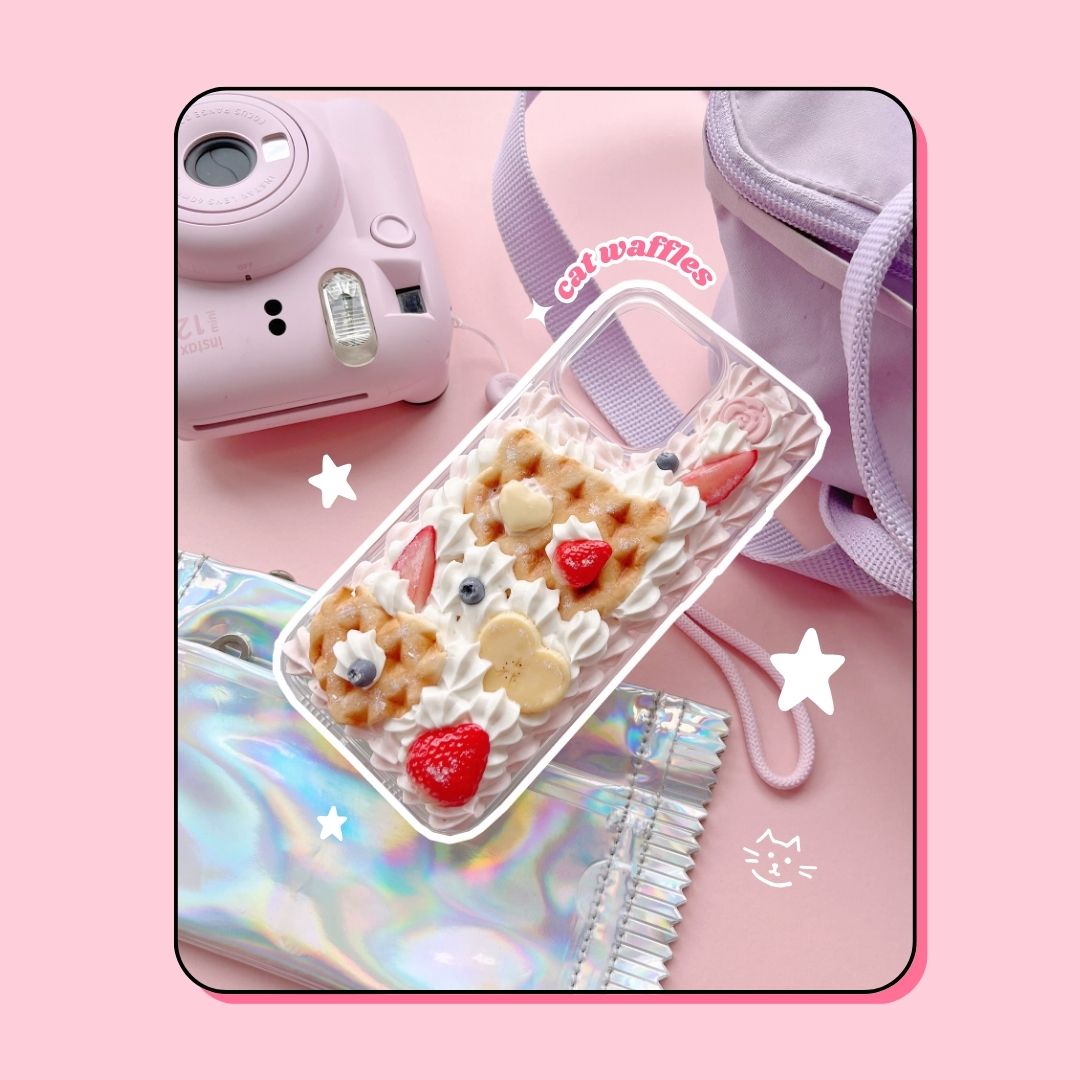 cat & heart shaped waffles decoden phone case with strawberries, blueberries and bananas