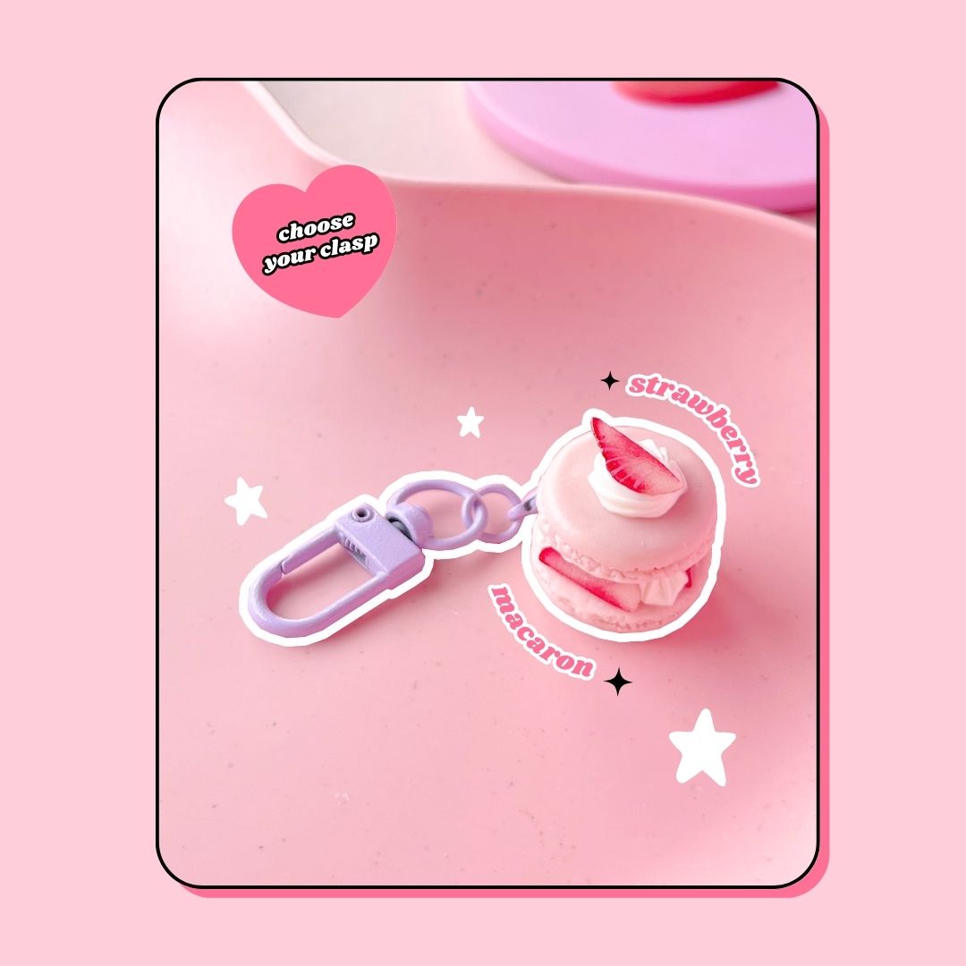 pink strawberry and whipped cream macaron keyring with lobster clasp