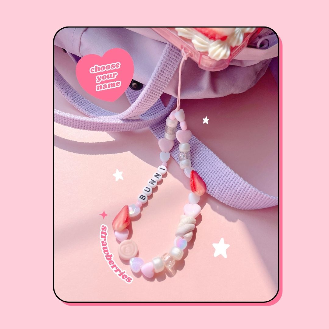 heart + stars candy Y2K friendship beaded phone strap with strawberries & marshmallows