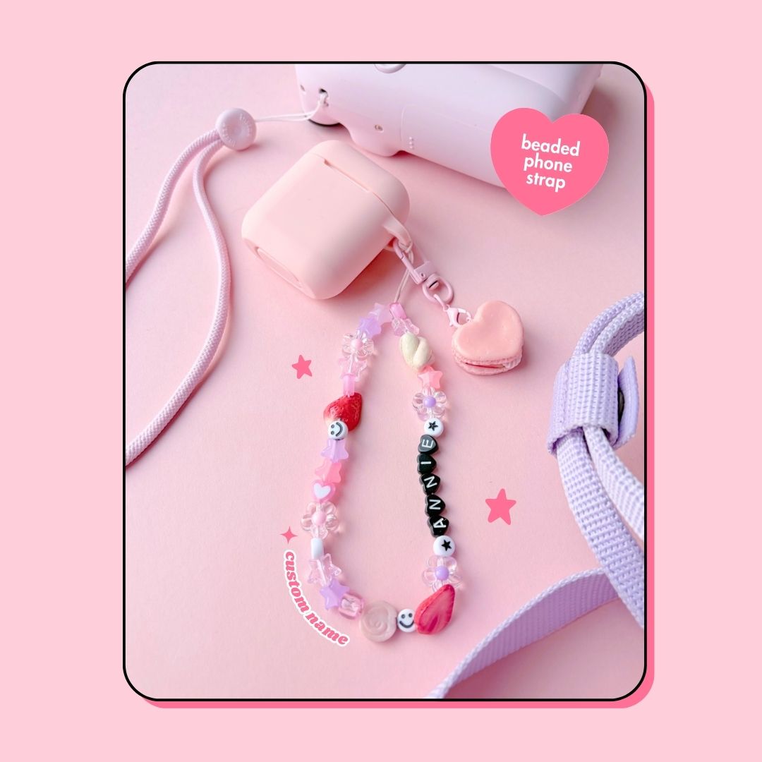 black hearts & flower Y2K custom name friendship beaded phone strap with strawberries & marshmallow