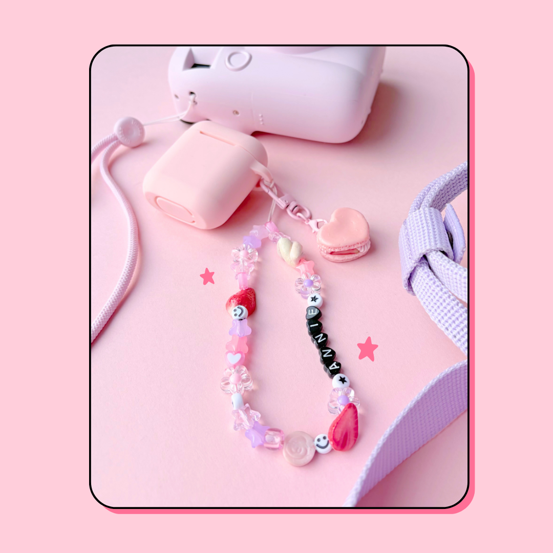 heart shaped pink strawberry macaron with whipped cream keyring handbag charm